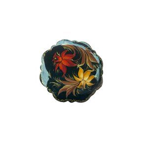 Vtg Russian Tole Painted Floral Brooch – Hand-Painted Signed Nanuua Red Yellow